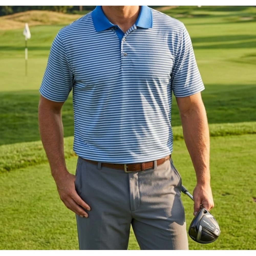 Fairway & Greene Tech Golf Polo Men's Large Blue Striped Performance Shirt